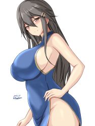 Rule 34 | 1girl, black hair, blue dress, breasts, brown eyes, china dress, chinese clothes, dated, dress, hair ornament, hand on own hip, haruna (kancolle), highres, kantai collection, large breasts, long hair, looking at viewer, montemasa, no panties, sideboob, signature, simple background, smile, solo, twitter username, white background