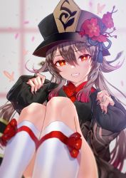 Rule 34 | 1girl, bad id, bad twitter id, black nails, blurry, blush, brown hair, bug, butterfly, flower-shaped pupils, genshin impact, grin, hair between eyes, hat, hat ornament, highres, hu tao (genshin impact), insect, jewelry, looking at viewer, nail polish, porkpie hat, red eyes, red shirt, ring, shirt, smile, socks, solo, symbol-shaped pupils, teeth, yae (mono110)