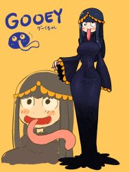 Rule 34 | 1girl, blue hair, blush stickers, character name, dress, gooey (kirby), kirby (series), long hair, long tongue, narrow waist, nintendo, personification, rariatto (ganguri), simple background, smile, solo, tongue, tongue out, wall-eyed, yellow background
