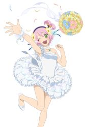 Rule 34 | 1girl, absurdres, bouquet, choker, dress, flower, hair flower, hair ornament, hairband, highres, kanonno earhart, leg lift, official art, one eye closed, outstretched arm, outstretched hand, petals, pink hair, simple background, smile, solo, tales of (series), tales of link, tales of the world radiant mythology 2, tossing, white background, wristband