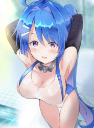 Rule 34 | 1girl, ahoge, alternate costume, armpits, arms behind head, azur lane, blue hair, breasts, cleavage, competition swimsuit, elbow gloves, gloves, helena (azur lane), highres, long hair, one-piece swimsuit, open mouth, purple eyes, swimsuit, tonchinkan, two-tone swimsuit