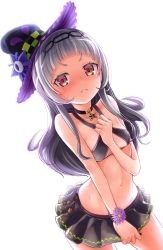 Rule 34 | 1girl, asacrebleu, bare shoulders, bikini, bikini top only, blunt bangs, blush, breasts, choker, closed mouth, collarbone, flower bracelet, hat, headband, highres, hololive, light purple hair, long hair, looking at viewer, murasaki shion, murasaki shion (hololive summer 2019), navel, official alternate costume, small breasts, solo, star (symbol), sweat, swimsuit, v-shaped eyebrows, virtual youtuber, white background, witch hat