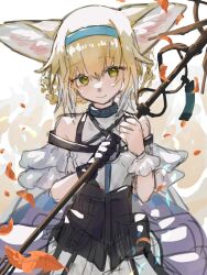 Rule 34 | 1girl, animal ear fluff, animal ears, arknights, bare shoulders, black collar, black gloves, blonde hair, blue hairband, braid, braided hair rings, closed mouth, clothing cutout, collar, colored tips, dress, fox ears, fox girl, fox tail, frilled sleeves, frills, gloves, green eyes, hair between eyes, hair rings, hairband, hands up, highres, holding, holding staff, infection monitor (arknights), kitsune, kyuubi, looking at viewer, multicolored hair, multiple tails, otuyu 715, purple dress, short hair, short sleeves, shoulder cutout, single glove, single wrist cuff, solo, staff, suzuran (arknights), tail, twin braids, two-tone hair, upper body, white hair, wrist cuffs