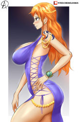 Rule 34 | 1girl, absurdres, almualim, alternate costume, ass, blush, breasts, cleavage, dress, from side, highres, large breasts, long hair, nami (one piece), nami (one piece) (post-timeskip), nami (one piece) (zou), official alternate costume, one piece, profile, purple dress, red hair, revealing clothes, self-upload, short dress, shoulder tattoo, sideboob, simple background, standing, tattoo, thighs, tight clothes, tight dress, very long hair, wide hips