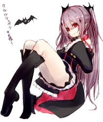 Rule 34 | 10s, 1girl, arukanu, bat (animal), black dress, boots, bow, detached sleeves, dress, full body, knee boots, kou mashiro, krul tepes, long hair, looking at viewer, owari no seraph, pink hair, pointy ears, purple hair, red eyes, short dress, simple background, smile, solo, translated, two side up, vampire, white background