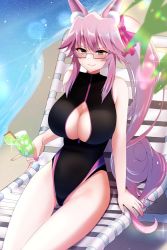 Rule 34 | 1girl, animal ear fluff, animal ears, beach chair, black one-piece swimsuit, blush, bow, breasts, cup, drinking glass, fate/grand order, fate (series), fox ears, fox girl, fox tail, glasses, hair between eyes, hair bow, highleg, highleg swimsuit, highres, koyanskaya (fate), large breasts, long hair, looking at viewer, one-piece swimsuit, pink bow, pink hair, ponytail, sidelocks, sitting, smile, solo, swimsuit, tail, tamamo (fate), thighs, turtleneck, turtleneck one-piece swimsuit, yellow eyes, yumeneko nyaa