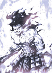 Rule 34 | 1boy, heracles (fate), fate/stay night, fate (series), floating hair, frown, greyscale, highres, holding, holding sword, holding weapon, isshi pyuma, long hair, male focus, monochrome, muscular, topless male, signature, solo, sword, weapon, white background