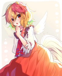 Rule 34 | 1girl, :o, animal, animal on head, beige background, bird, blonde hair, blush, border, chick, commentary, cowboy shot, feathered wings, frilled shirt collar, frills, hair between eyes, hand on own chin, hand up, highres, looking at viewer, multicolored hair, niwatari kutaka, on head, open mouth, orange skirt, outside border, red eyes, red hair, renka (sutegoma25), shirt, short hair, short sleeves, simple background, skirt, solo, touhou, two-tone hair, white border, white shirt, wings