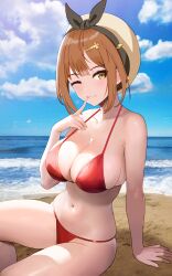 Rule 34 | 1girl, ;), absurdres, alternate costume, arm support, atelier (series), atelier ryza, atelier ryza 1, beach, beret, bikini, black hairband, blue sky, bow hairband, breasts, brown eyes, brown hair, cleavage, cloud, collarbone, ego 121224, finger to mouth, hair ornament, hairband, hairclip, hat, highres, large breasts, looking at viewer, navel, ocean, one eye closed, outdoors, parted lips, red bikini, reisalin stout, sitting, sky, smile, solo, swimsuit, thighs, white headwear