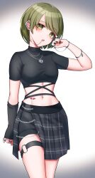 Rule 34 | 1girl, absurdres, black gloves, black nails, black skirt, blush, bracelet, breasts, camellia 90, chain, commentary request, crop top, ear piercing, fingerless gloves, gloves, green eyes, green hair, hand up, heart-shaped lock, highres, idolmaster, idolmaster shiny colors, jewelry, lip piercing, looking at viewer, medium breasts, multicolored nails, nanakusa nichika, navel, navel piercing, necklace, open mouth, piercing, red nails, ring, short sleeves, single fingerless glove, single glove, skirt, solo, stomach, stomach tattoo, tattoo, thigh strap, turtleneck