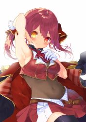 Rule 34 | 1girl, arm up, armpits, breasts, cleavage, covered navel, gloves, heterochromia, highres, hololive, houshou marine, jacket, unworn jacket, kosuzume, medium breasts, miniskirt, red eyes, red hair, see-through, see-through cleavage, skirt, smile, solo, thighhighs, twintails, upper body, virtual youtuber, white gloves, yellow eyes