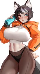 Rule 34 | 1girl, absurdres, animal ear fluff, animal ears, black choker, black hair, black nails, black panties, blue eyes, blush, borrowed character, bottle, breasts, brown eyes, choker, commentary, cowboy shot, crop top, dog ears, dog girl, dog tail, hand on own hip, heterochromia, highres, holding, holding bottle, large breasts, long sleeves, looking at viewer, maewix (artist), midriff, multicolored hair, nail polish, navel, original, panties, plastic bottle, shirt, short sleeves, shrug (clothing), simple background, solo, sweat, tail, two-tone hair, underwear, white background, white hair, white shirt