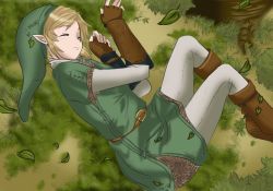 Rule 34 | 1boy, androgynous, boots, earrings, gloves, hat, jewelry, link, male focus, nintendo, outdoors, piercing, pointy ears, skirt, sleeping, the legend of zelda, thighhighs, tunic