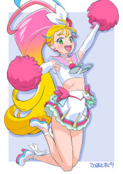 Rule 34 | 1girl, :d, arm up, blonde hair, commentary request, cure summer, full body, gradient hair, green eyes, highres, long hair, looking at viewer, magical girl, midriff, miyagoe yoshitsuki, multicolored hair, natsuumi manatsu, open mouth, pink hair, pom pom (cheerleading), ponytail, precure, shoes, skirt, smile, solo, tropical-rouge! precure, very long hair, white footwear, white skirt