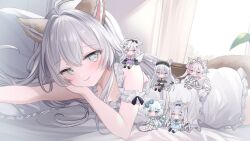 Rule 34 | 1girl, action figure, animal ears, bed sheet, cat ears, closed mouth, commission, cupboard, curtains, dress, grey hair, kurage cc, leaf, long sleeves, makeup, original, pillow, rouge (makeup), skeb commission, sleeveless, smile, sunlight, white background, white dress