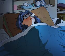 Rule 34 | 1girl, blanket, blue hair, blush, book, cellphone, charger, clock, ddolbang, eye mask, hair intakes, highres, hololive, hololive english, indoors, night, nose bubble, on bed, open mouth, ouro kronii, phone, pillow, sleeping, smartphone, solo, virtual youtuber