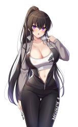 Rule 34 | 1girl, absurdres, arm at side, artist name, bra, breasts, brown hair, cleavage, counter:side, gluteal fold, hair between eyes, heavy breathing, high ponytail, highres, jacket, jersey, large breasts, long hair, long sleeves, looking at viewer, maett, midriff, navel, ponytail, purple eyes, sidelocks, simple background, solo, sports bra, sweat, thigh gap, underwear, very long hair, white background, white bra, yoo mina