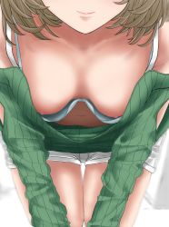 Rule 34 | 1girl, blue bra, bra, breasts, closed mouth, downblouse, ebifryman, extended downblouse, head out of frame, highres, idolmaster, idolmaster cinderella girls, leaning forward, medium breasts, navel, nipples, shorts, smile, solo, sweater, takagaki kaede, underwear
