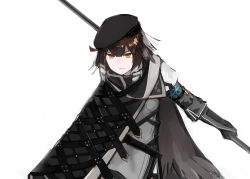 Rule 34 | 1girl, arknights, beret, black cloak, black gloves, black hat, brown eyes, brown hair, cloak, feather hair, gloves, hair between eyes, hat, headwear request, holding, holding lance, holding polearm, holding weapon, lance, long sleeves, looking at viewer, open mouth, plume (arknights), polearm, rampart1028, short hair, simple background, solo, teeth, upper body, weapon, white background
