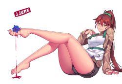 Rule 34 | 1girl, bad id, bad twitter id, barefoot, blood, blue flower, blue rose, brown eyes, character request, feet, flower, jjune, legs, ponytail, red hair, rose, simple background, solo