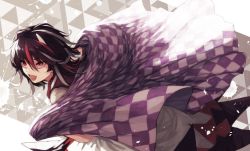 Rule 34 | 1girl, arrow (symbol), berabou, black hair, cape, checkered floor, horns, kijin seija, looking away, multicolored hair, open mouth, red eyes, red hair, shaded face, short hair, solo, streaked hair, touhou, white hair
