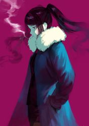 Rule 34 | 1girl, cigarette, dm owr, hands in pockets, highres, jacket, jill stingray, long coat, long hair, miniskirt, pink background, purple hair, red eyes, skirt, smoke, smoking, solo, twintails, va-11 hall-a