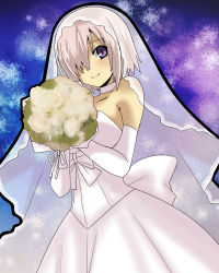 Rule 34 | 1girl, bare shoulders, bouquet, breasts, bridal veil, bride, choker, dress, elbow gloves, fate/grand order, fate (series), flower, formal, gloves, hair over one eye, large breasts, looking at viewer, mash kyrielight, matsudora124, purple eyes, purple hair, ribbon choker, short hair, solo, strapless, veil, wedding dress, white dress, white gloves