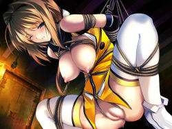 Rule 34 | 00s, 1girl, bdsm, blue eyes, blush, bondage, boots, bound, breasts, brown hair, choukou sennin haruka, cleft of venus, covered erect nipples, crotch rope, fat mons, frogtie, game cg, hanging breasts, large breasts, nipples, no panties, onigirikun, puffy nipples, pussy, pussy juice, rope, shibari, solo, suspension, takamori haruka, thigh boots, thighhighs, uncensored