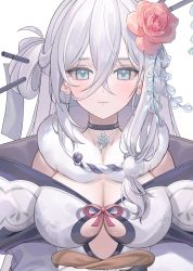 Rule 34 | 1girl, aqua eyes, bow, breasts, choker, cleavage, clothing cutout, cropped, flower, fur collar, hair between eyes, hair flower, hair ornament, hair rings, hairstyle request, harusame (user wawj5773), headwear request, highres, japanese clothes, koiten production, korean commentary, koyuki tsurara, large breasts, long hair, looking at viewer, pom pom (clothes), pom pom hair ornament, ribbon, silver hair, simple background, snowflakes, solo, upper body, very long hair, virtual youtuber, white background