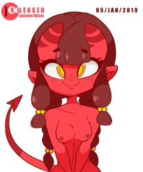 Rule 34 | 1girl, animated, animated gif, artist name, borrowed character, braid, breasts, closed eyes, closed mouth, collarbone, colored skin, dated, demon girl, demon tail, diives, fangs, female focus, freckles, grin, groin, hair tie, hands up, heart, highres, horns, long hair, looking at viewer, meruccubus (merunyaa), missing tooth, mole, mole under eye, navel, nipples, no humans, nude, open mouth, patreon logo, patreon username, pointy ears, red skin, simple background, small breasts, smile, solo, tail, teeth, twin braids, twintails, upper body, v arms, watermark, white background, yellow eyes