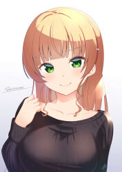 Rule 34 | 1girl, absurdres, artist name, black sweater, blonde hair, blush, bow, breasts, collarbone, commentary request, green eyes, hair bow, hand on own shoulder, heanna sumire, highres, long hair, long sleeves, love live!, love live! superstar!!, medium breasts, portrait, reisa-aisaka, smile, solo, sweater, white bow