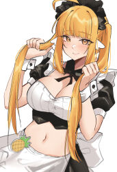 Rule 34 | 1girl, ahoge, apron, black skirt, blonde hair, blush, breasts, character request, cleavage, copyright request, crop top, highres, large breasts, long hair, looking at viewer, maid, midriff, navel, pinepin, puffy short sleeves, puffy sleeves, short sleeves, simple background, skirt, smile, solo, stomach, twintails, upper body, very long hair, white apron, white background, yellow eyes
