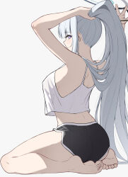 Rule 34 | 1girl, absurdres, adjusting hair, ass, barefoot, black shorts, blue archive, breasts, dolphin shorts, full body, grey background, grey hair, halo, highres, large breasts, long hair, mechanical halo, noa (blue archive), purple eyes, reia 76, shorts, simple background, solo, tank top, toes, white tank top