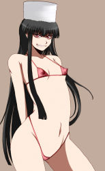 Rule 34 | 1girl, alucard (hellsing), bikini, contrapposto, covered erect nipples, cowboy shot, evil grin, evil smile, flat chest, from side, fur hat, girlycard, grin, hat, hellsing, highres, hikora, long hair, nipples, puffy areolae, simple background, smile, solo, swimsuit