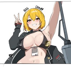 Rule 34 | 1girl, absurdres, arm up, armpits, badge, bikini, black bikini, black coat, blonde hair, blush, breasts, coat, don quixote (project moon), grin, hand up, highres, id card, large breasts, lclca, limbus company, project moon, smile, solo, sticker, swimsuit, v, yellow eyes