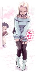 Rule 34 | 1boy, 1girl, ^^^, android 18, backpack, bag, bare shoulders, black hair, black thighhighs, blonde hair, blue eyes, blue sweater, blush, bob cut, boots, choker, controller, covering privates, covering crotch, dragon ball, dragonball z, dress, earrings, exhibitionism, garter straps, hands on own crotch, hetero, high heel boots, high heels, highres, holding, husband and wife, implied vibrator, jewelry, kuririn, o-ring, o-ring choker, off-shoulder sweater, off shoulder, one eye closed, open mouth, pervert, public indecency, public vibrator, remote control, remote control vibrator, sakkan, sex toy, smile, studded choker, sweater, sweater dress, thighhighs, vibrator, white footwear, wireless sex toy controller