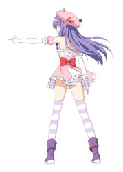 Rule 34 | 1girl, alternate costume, bad id, bad pixiv id, female focus, finger gun, kani biimu, magical girl, patchouli knowledge, simple background, solo, striped clothes, striped thighhighs, thighhighs, touhou