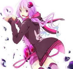 Rule 34 | 1girl, animal ears, bad id, bad pixiv id, crystal, fake animal ears, hair ornament, headset, highres, hood, hood down, hooded jacket, jacket, long hair, looking at viewer, open mouth, purple eyes, purple hair, purple thighhighs, ribbed sweater, simple background, solo, sweater, thighhighs, twintails, vocaloid, voiceroid, white background, yodare (3yami8), yuzuki yukari