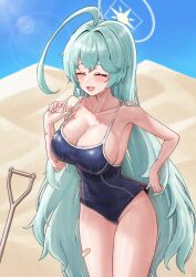 Rule 34 | 1girl, absurdres, abydos high school swimsuit, ahoge, bare arms, bare legs, bare shoulders, black one-piece swimsuit, blue archive, blush, breasts, cleavage, closed eyes, collarbone, cowboy shot, day, desert, fingernails, green hair, groin, halo, highres, huge ahoge, huge breasts, ilbanseomin, long hair, one-piece swimsuit, open mouth, outdoors, school swimsuit, smile, solo, swimsuit, yellow halo, yume (blue archive)