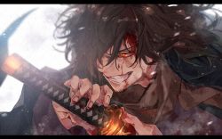 Rule 34 | 1boy, absurdres, black hair, blood, blood on face, blurry, brown scarf, commentary request, fate/grand order, fate (series), fighting stance, fingernails, futon (ft n7118), grin, hair over one eye, highres, holding, holding sword, holding weapon, katana, koha-ace, letterboxed, light particles, long hair, male focus, okada izou (fate), one eye covered, ready to draw, red eyes, scarf, sheath, sheathed, smile, solo, sword, weapon