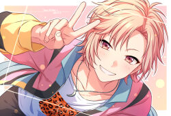 Rule 34 | 1boy, blue jacket, blush, border, brown pants, cowboy shot, dated, grin, hand up, happy birthday, highres, jacket, jaguar print, jewelry, looking at viewer, male focus, multicolored clothes, multicolored jacket, necklace, on air!, outline, pants, pink eyes, pink hair, pink jacket, sekina, shirt, smile, solo, ukima shiro, v, white shirt, yellow jacket