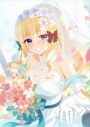 Rule 34 | 1girl, absurdres, bare shoulders, black bow, blonde hair, blush, bouquet, bow, breasts, bridal veil, bride, cleavage, dress, elbow gloves, elf, flower, gloves, grin, hair bow, heiyan shenshi, highres, huge filesize, jewelry, large breasts, long hair, looking at viewer, pointy ears, ponytail, princess connect!, ring, saren (princess connect!), sidelocks, smile, veil, wedding dress, wedding ring, white dress, white gloves