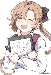 Rule 34 | 1girl, akigumo (kancolle), black ribbon, blush, brown hair, closed eyes, hair between eyes, hair ribbon, highres, holding, holding stylus, holding tablet pc, kantai collection, long hair, long sleeves, narukan, one-hour drawing challenge, open mouth, ponytail, ribbon, shirt, simple background, solo, stylus, tablet pc, twitter username, upper body, very long hair, white background, white shirt
