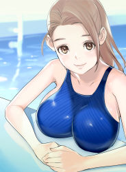 Rule 34 | 1girl, absurdres, bare shoulders, breast rest, breasts, brown eyes, collarbone, competition swimsuit, dytm, highres, large breasts, light brown hair, light smile, lips, looking at viewer, one-piece swimsuit, original, partially submerged, pool, pool monitor part-timer (dtym), poolside, smile, solo, swimsuit, water