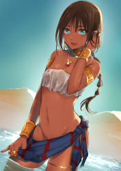 Rule 34 | 1boy, :d, aobe mahito, aqua eyes, armlet, bare shoulders, bead bracelet, beads, bishounen, bracelet, bracer, brown hair, cowboy shot, crop top, crop top overhang, dancer, dark-skinned male, dark skin, day, desert, dutch angle, earrings, gem, glint, groin, hand in own hair, hand on own head, hand up, highres, jewelry, long hair, looking at viewer, male focus, mole, mole on stomach, mountainous horizon, multi-tied hair, multiple rings, navel, neck ring, necklace, open mouth, original, outdoors, pinky out, ring, sarong, see-through, skirt hold, smile, solo, strapless, thighlet, trap, wading, water, wet, wet clothes, wet hair