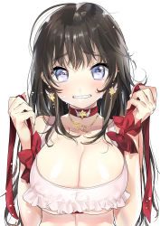 Rule 34 | 1girl, ahoge, black hair, blue eyes, blush, bow, breasts, choker, christmas, cleavage, clenched teeth, collarbone, crop top, earrings, female focus, frills, hands up, highres, holding, jewelry, kanojo (ogino atsuki), kanojo (yan&#039;yo), large breasts, long hair, looking at viewer, merry christmas, necklace, original, red bow, red ribbon, ribbon, simple background, sleeveless, solo, star (symbol), star earrings, teeth, upper body, wavy mouth, white background, white wings, wings, yanyo (ogino atsuki)
