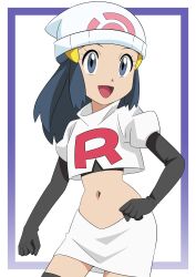 Rule 34 | 1girl, :d, absurdres, beanie, black footwear, black gloves, black hair, boots, commentary request, cosplay, creatures (company), cropped jacket, dawn (pokemon), elbow gloves, eyelashes, game freak, gloves, grey eyes, hainchu, hair ornament, hairclip, hand on own hip, happy, hat, highres, jacket, jessie (pokemon), jessie (pokemon) (cosplay), logo, long hair, navel, nintendo, open mouth, pokemon, pokemon (anime), pokemon dppt (anime), short sleeves, sidelocks, skirt, smile, solo, team rocket, team rocket uniform, thigh boots, tongue, white background, white hat, white jacket, white skirt