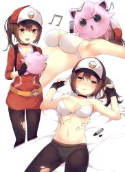 Rule 34 | &gt;:o, 10s, 1girl, :d, :o, armpits, baseball cap, beamed quavers, black pantyhose, blush, bra, breasts, brown hair, collarbone, creatures (company), eye contact, fang, female protagonist (pokemon go), fingerless gloves, game freak, gen 1 pokemon, gloves, green eyes, hair between eyes, hat, highres, jacket, jigglypuff, kimoshi, leggings, long hair, looking at another, looking at viewer, lying, medium breasts, midriff, multiple views, musical note, navel, nintendo, on back, open mouth, outstretched arms, panties, panties under pantyhose, pantyhose, parted lips, pokemon, pokemon (creature), pokemon go, ponytail, quaver, red jacket, sideboob, sitting, sitting on face, sitting on person, smile, spoken musical note, stomach, torn clothes, torn legwear, underwear, underwear only, v-shaped eyebrows, white bra