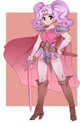 Rule 34 | 1girl, armor, beena, boots, cape, dress, full body, hand on own hip, highres, hip focus, knee boots, monster maker, pauldrons, pink dress, pink hair, pink skirt, pink theme, pink thighhighs, purple eyes, short hair, shoulder armor, skirt, smile, solo, sword, thighhighs, thighhighs under boots, twintails, veena (monster maker), vuccha, weapon