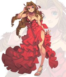 Rule 34 | 1girl, aerith gainsborough, alternate costume, bare shoulders, breasts, brown hair, dress, edwin huang, feet, female focus, final fantasy, final fantasy vii, full body, green eyes, hairstyle request, heels, highres, jewelry, large breasts, long hair, mole, mole under eye, nails, necklace, red dress, smile, toes, white background